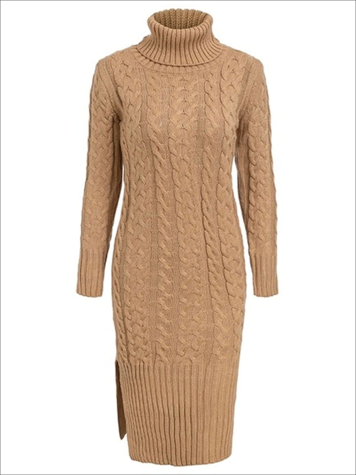 Womens Fall Cable Knit Turtleneck Sweater Dress - Brown / One Size - Womens Fall Dresses