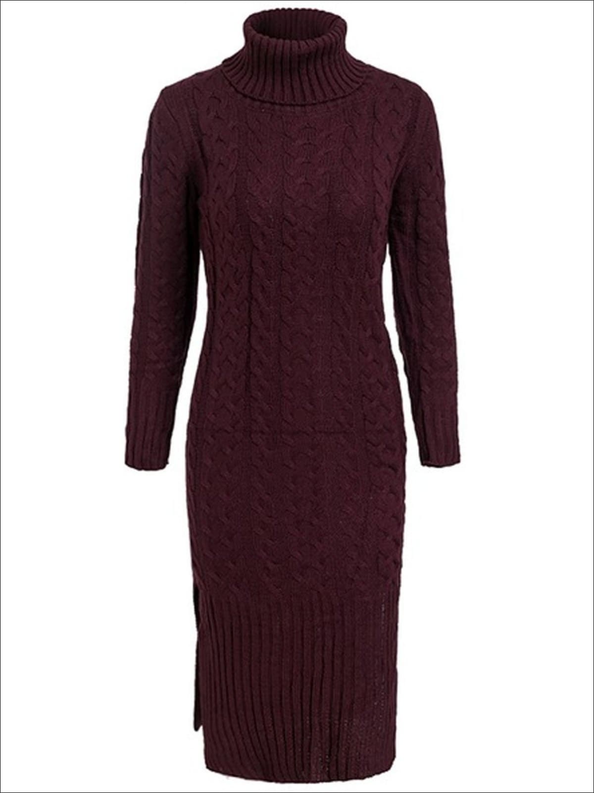 Womens Fall Cable Knit Turtleneck Sweater Dress - Burgundy / One Size - Womens Fall Dresses