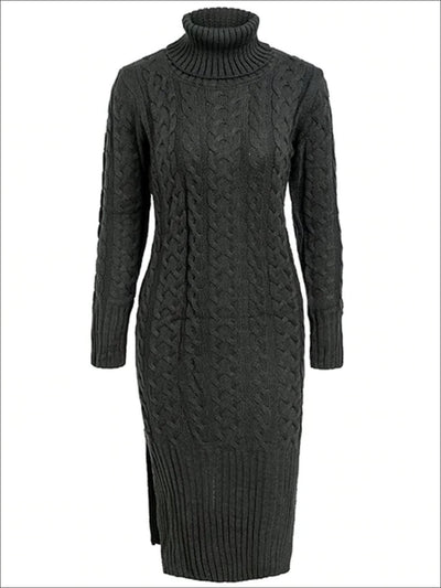 Womens Fall Cable Knit Turtleneck Sweater Dress - Grey / One Size - Womens Fall Dresses