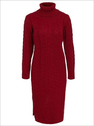 Womens Fall Cable Knit Turtleneck Sweater Dress - Red / One Size - Womens Fall Dresses