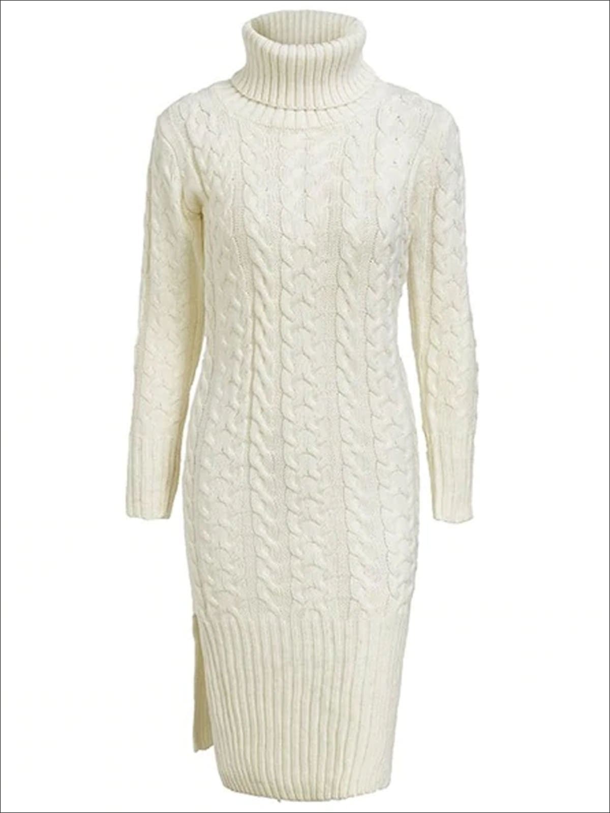 Womens Fall Cable Knit Turtleneck Sweater Dress - White / One Size - Womens Fall Dresses