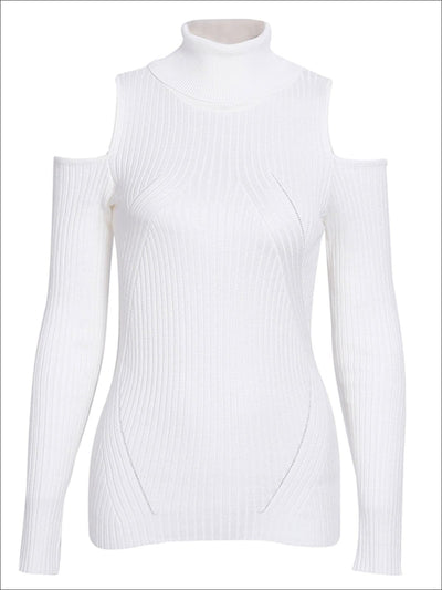 Womens Fall Cozy Knitted Cold Shoulder Sweater - White / S/M - Womens Fall Sweaters