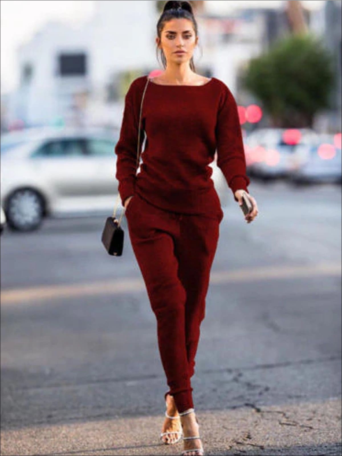 Womens Fall Fleece Sweatshirt & Jogger Pants Set - Burgundy / S - Womens Fall Outerwear