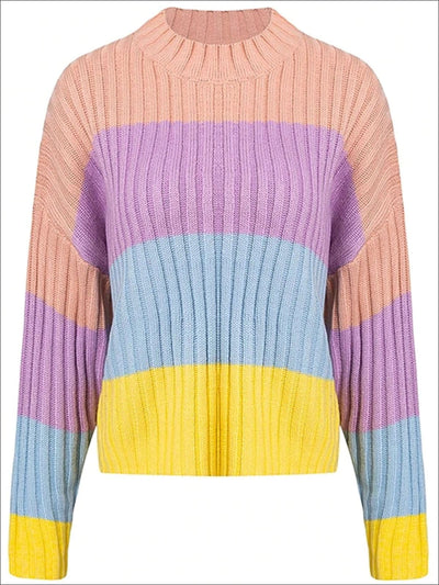 Womens Fall Knit Colorful Striped Sweater - Multicolor Stripe / One Size - Womens Fall Sweaters