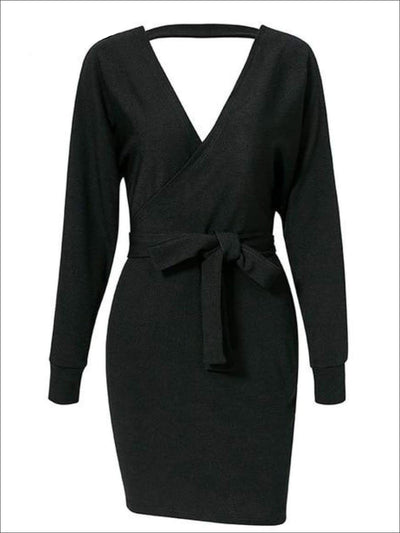 Womens Fall Knit Fashion Wrap Sweater Dress - Black / S - Womens Fall Dresses
