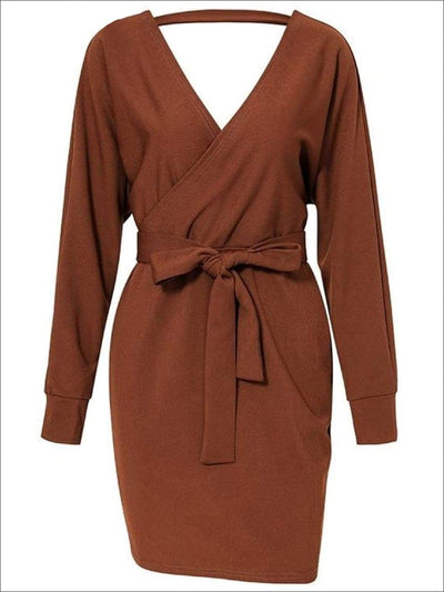 Womens Fall Knit Fashion Wrap Sweater Dress - Brown / S - Womens Fall Dresses