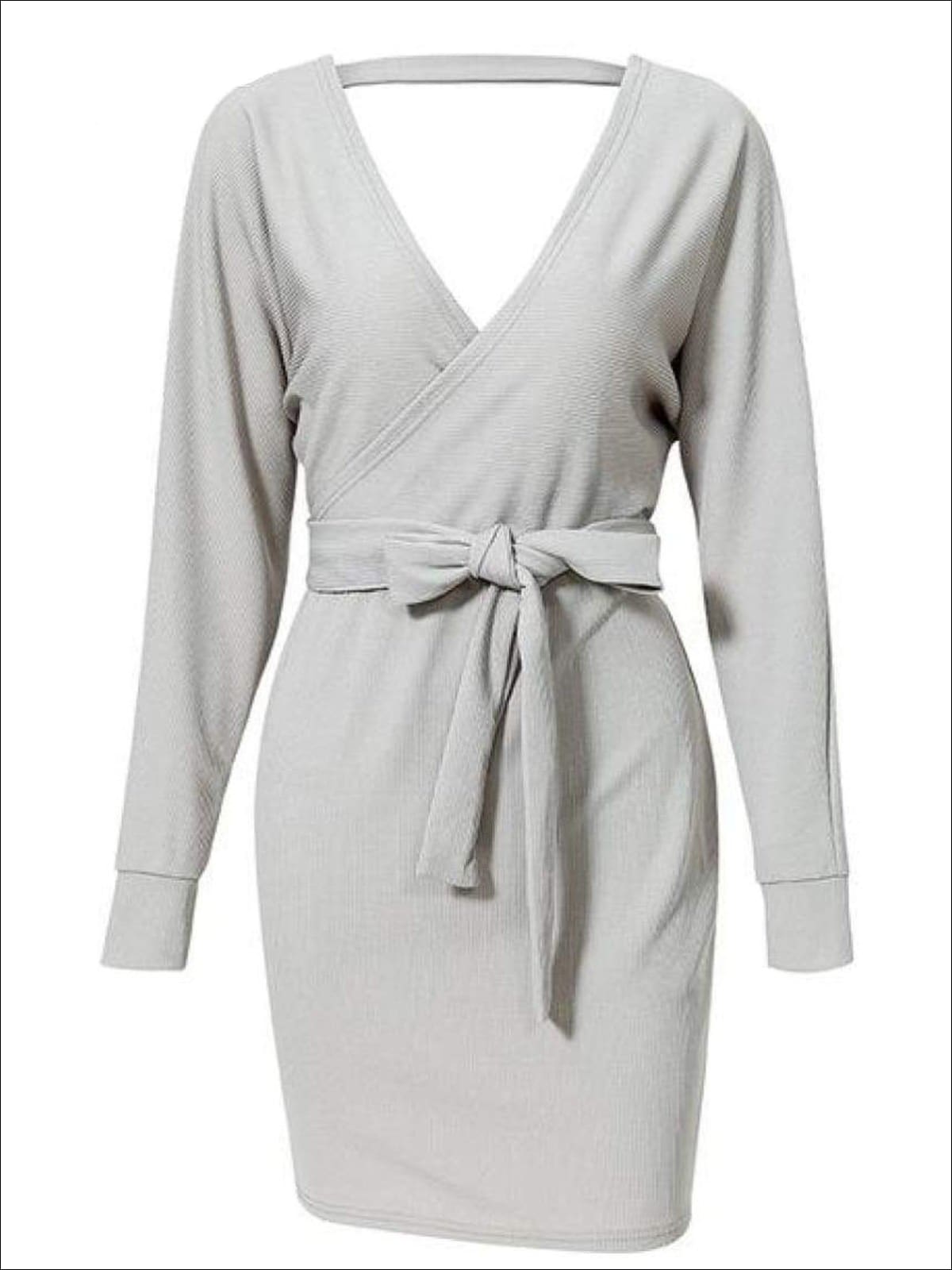 Womens Fall Knit Fashion Wrap Sweater Dress - Gray / S - Womens Fall Dresses