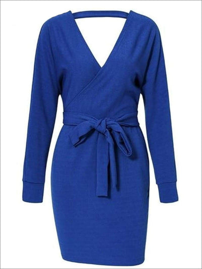 Womens Fall Knit Fashion Wrap Sweater Dress - Royal Blue / S - Womens Fall Dresses