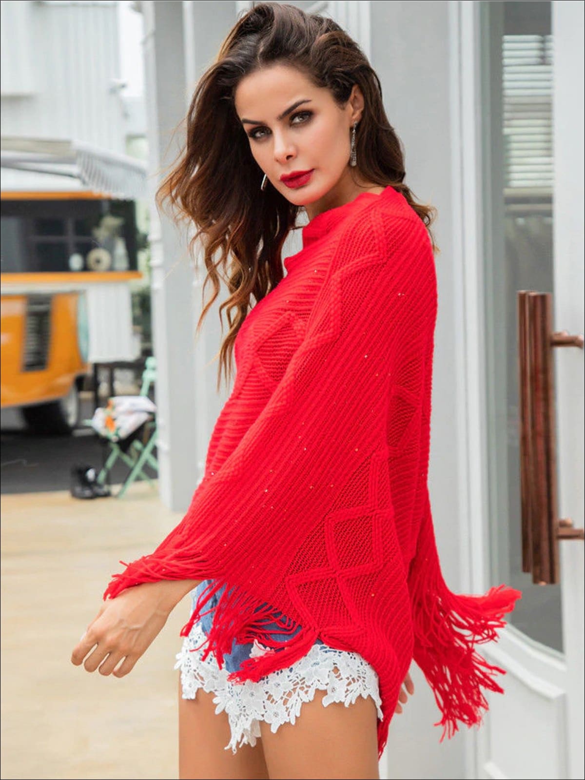 Womens Fall Knit Fringe Poncho - Red / S - Womens Fall Sweaters