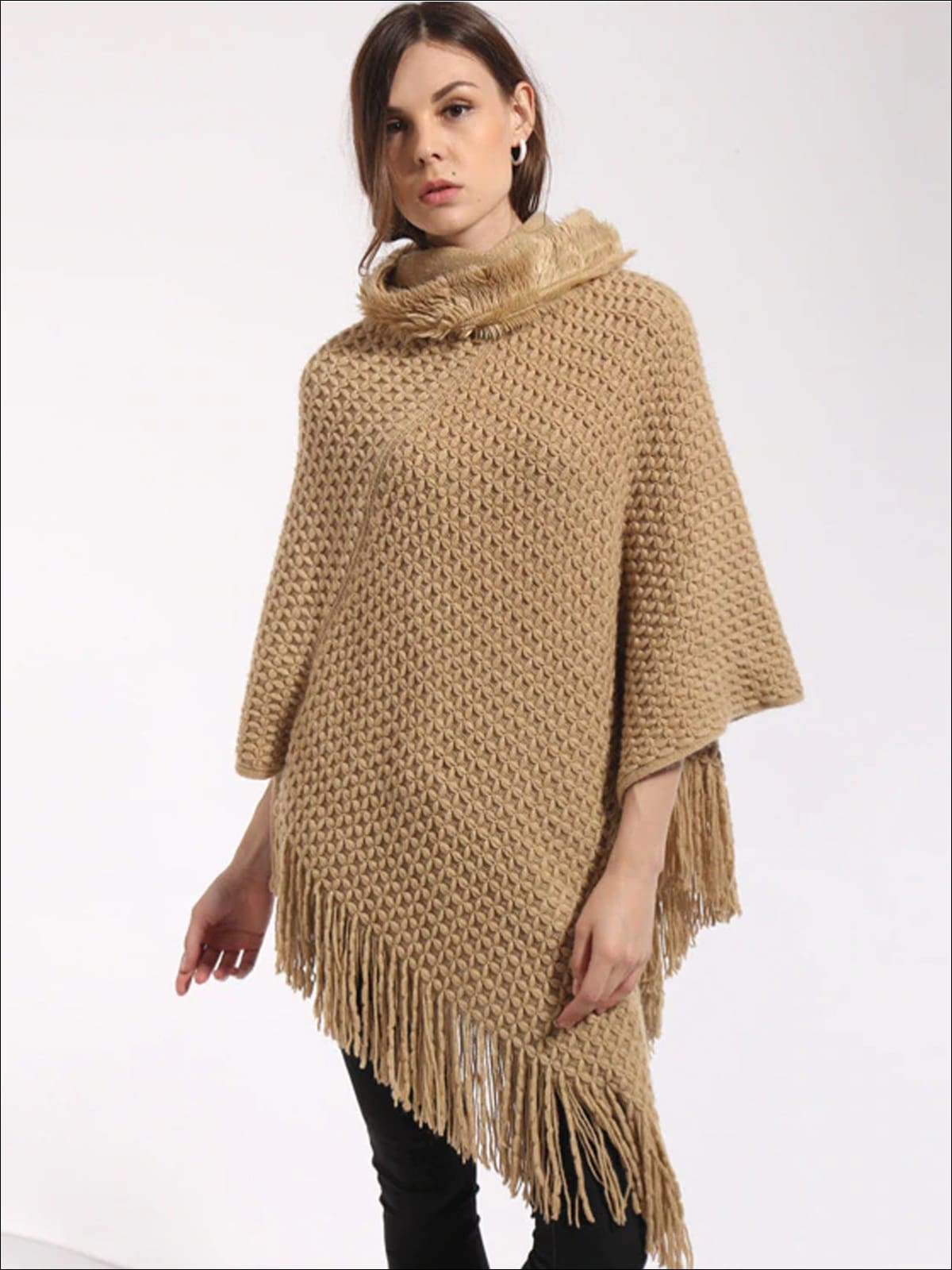 Womens Fall Knit Hooded Fringe Poncho - Khaki / One - Womens Fall Sweaters