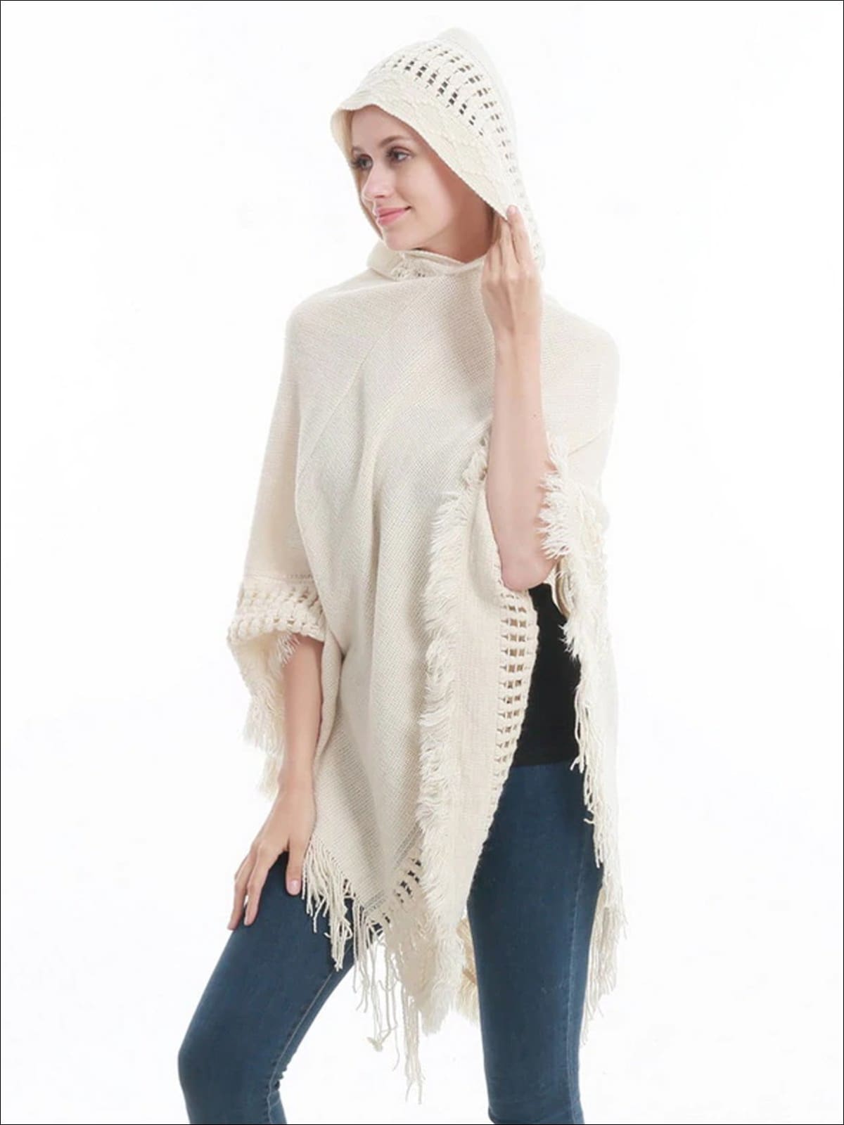 Womens Fall Knitted Cashmere Fringe Poncho - Beige / one - Womens Fall Outerwear