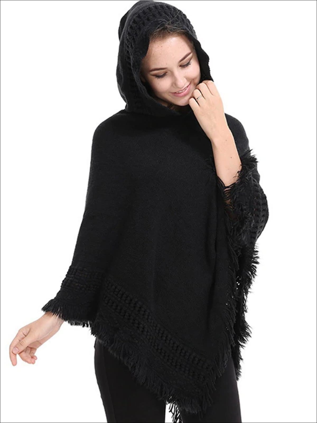Womens Fall Knitted Cashmere Fringe Poncho - Black / one - Womens Fall Outerwear