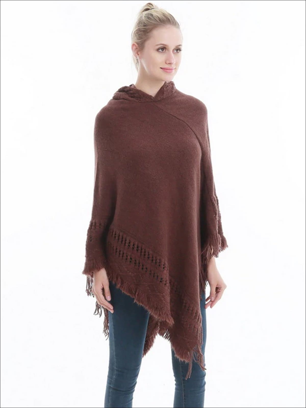 Womens Fall Knitted Cashmere Fringe Poncho - Brown / one - Womens Fall Outerwear