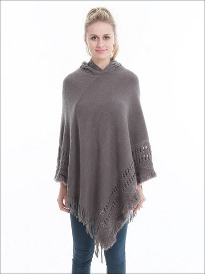 Womens Fall Knitted Cashmere Fringe Poncho - Grey / one - Womens Fall Outerwear