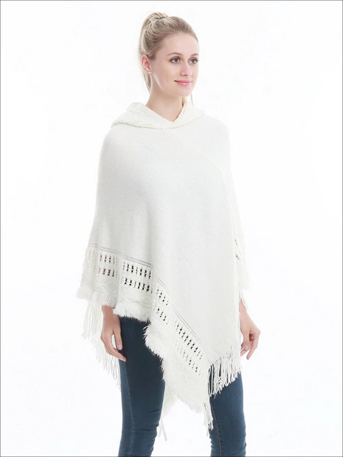 Womens Fall Knitted Cashmere Fringe Poncho - White / one - Womens Fall Outerwear