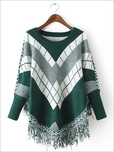 Womens Fall Knitted Fringe Sweater - Green / One - Womens Fall Sweaters