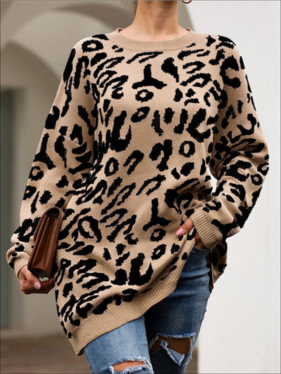 Womens Fall Knitted Leopard Print Pullover Sweater - Brown / S - Womens Fall Sweaters