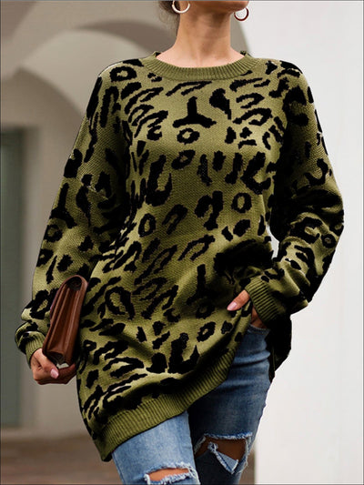 Womens Fall Knitted Leopard Print Pullover Sweater - Green / S - Womens Fall Sweaters
