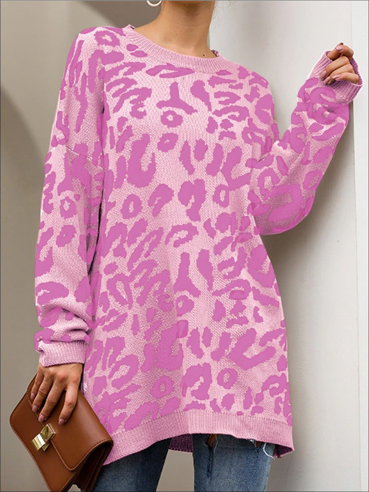 Womens Fall Knitted Leopard Print Pullover Sweater - Pink / S - Womens Fall Sweaters
