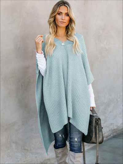 Womens Fall Knitted Pullover Poncho - Dusty Blue / S - Womens Fall Outerwear