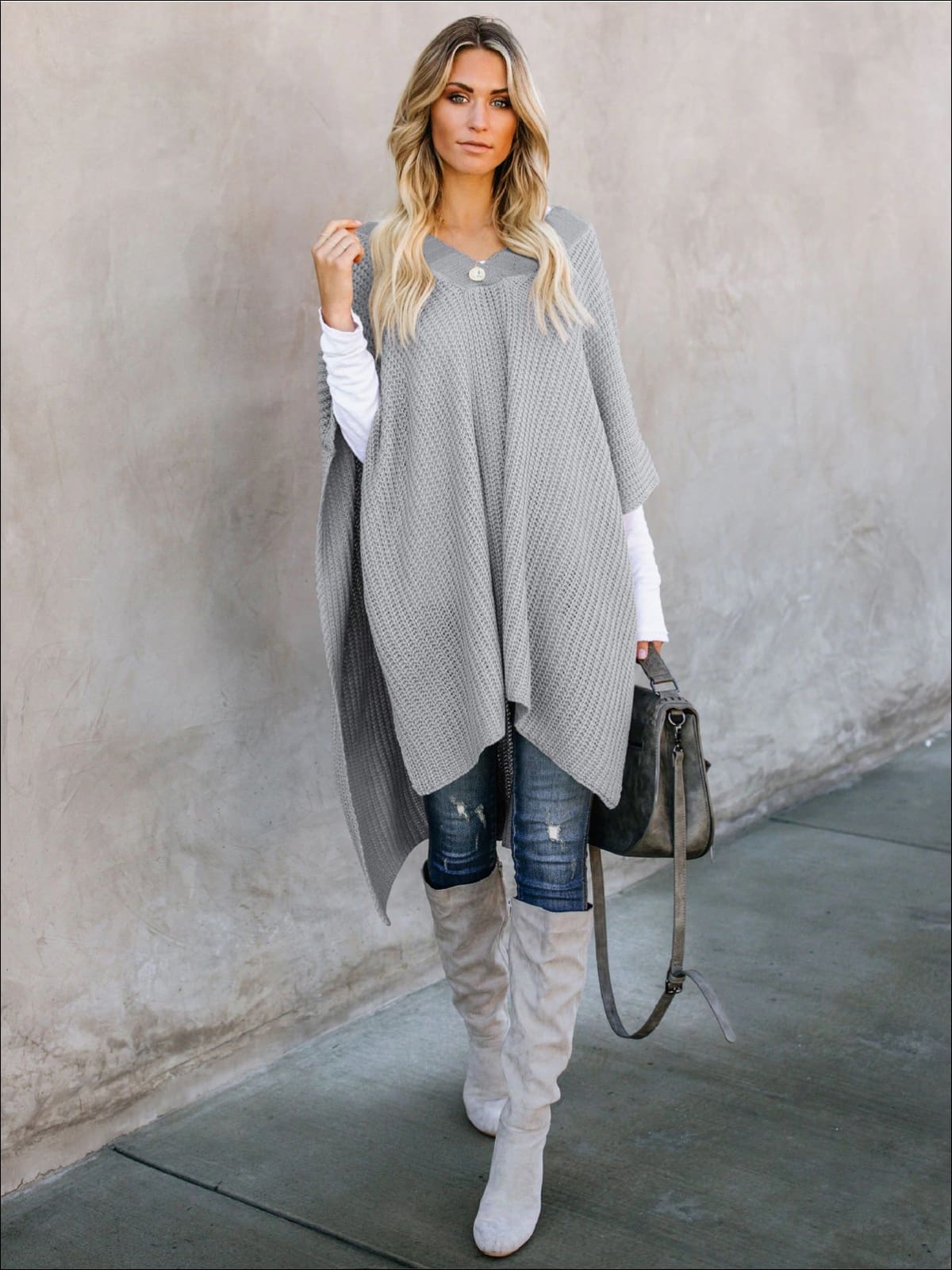 Womens Fall Knitted Pullover Poncho - Grey / S - Womens Fall Outerwear