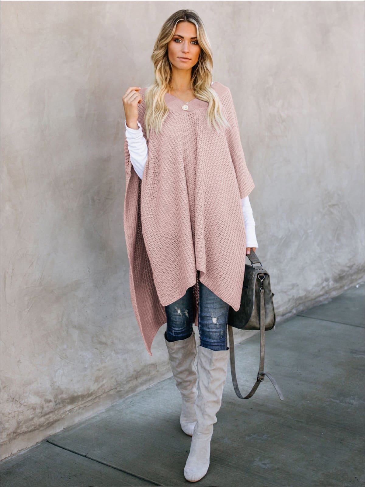 Womens Fall Knitted Pullover Poncho - Pink / S - Womens Fall Outerwear