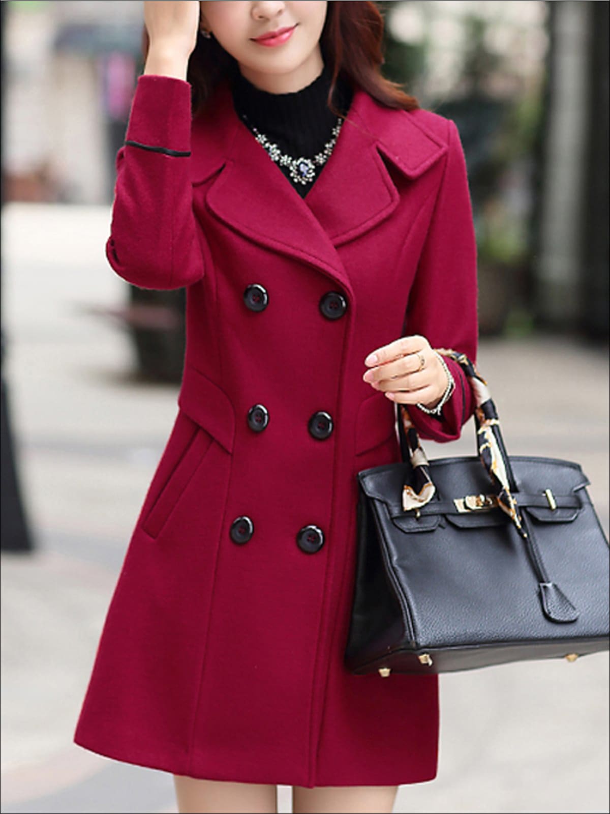 Womens Fall Slim Fit Cashmere Pea Coat - Burgundy / M - Womens Fall Outerwear