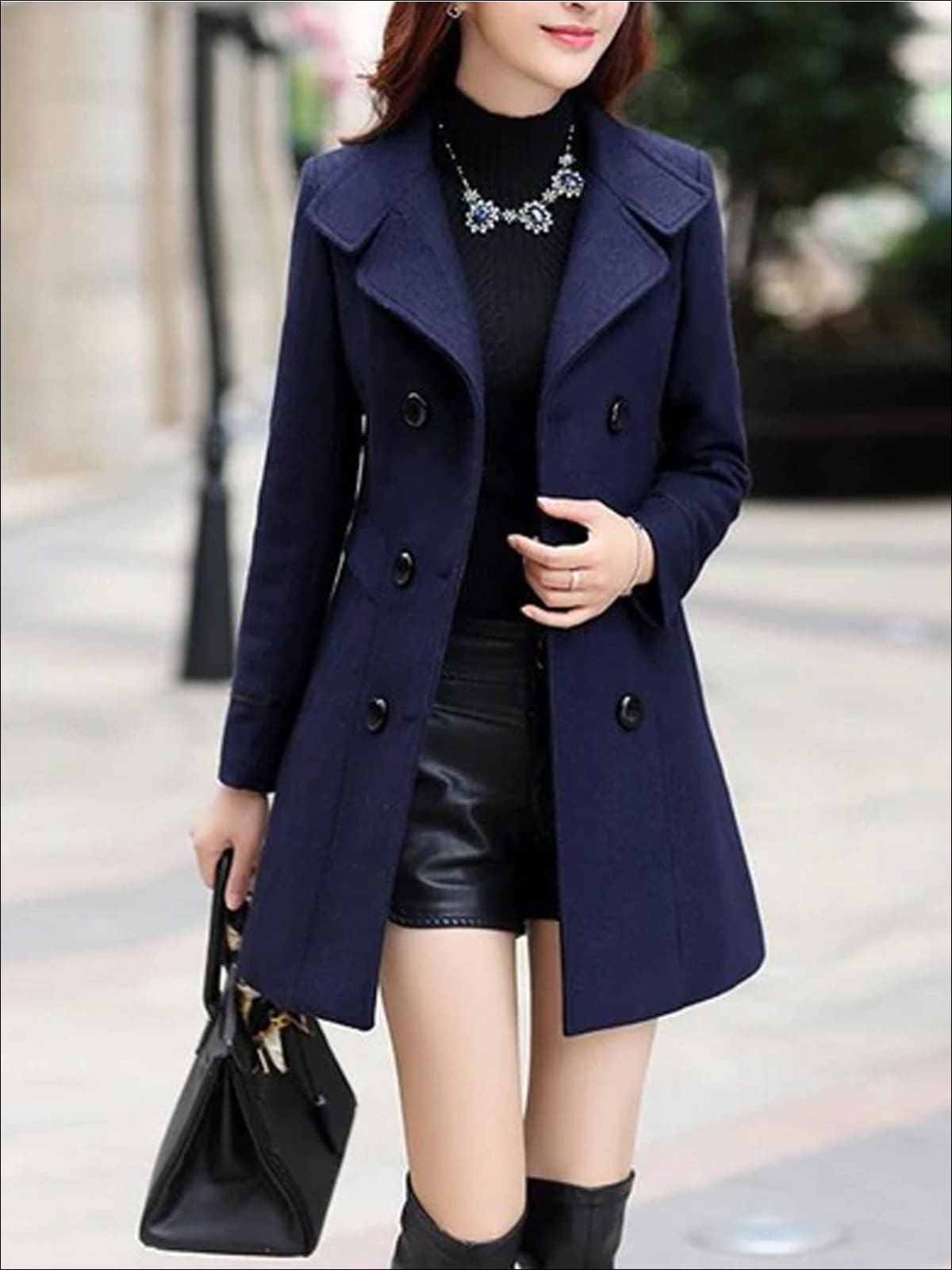 Womens Fall Slim Fit Cashmere Pea Coat - Navy Blue / M - Womens Fall Outerwear