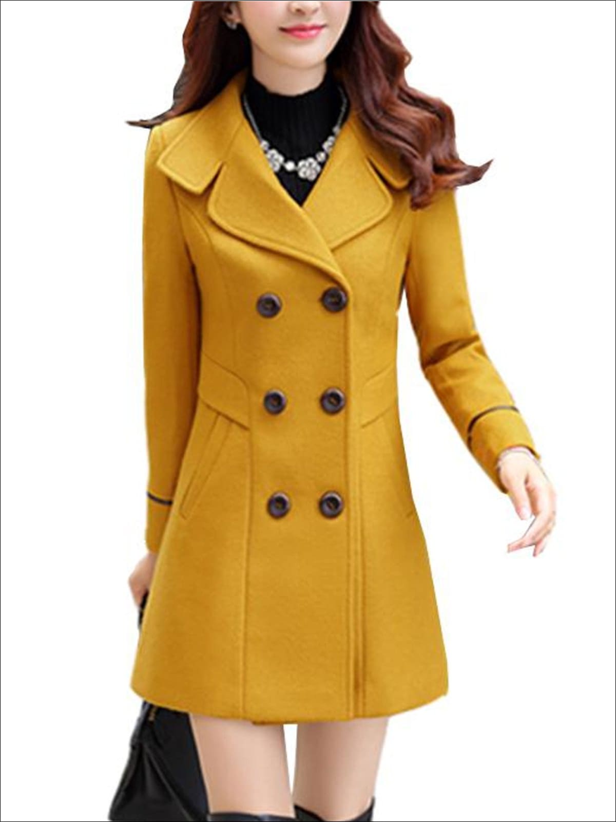 Womens Fall Slim Fit Cashmere Pea Coat - Yellow / M - Womens Fall Outerwear