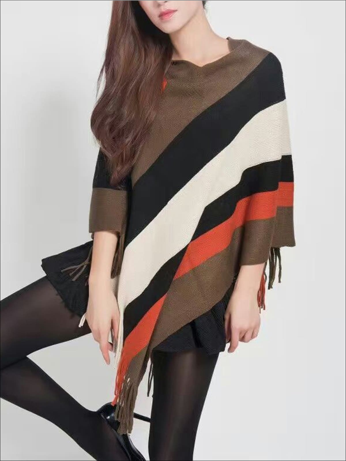 Womens Fall Striped Fringe Poncho - Brown / One - Womens Fall Outerwear