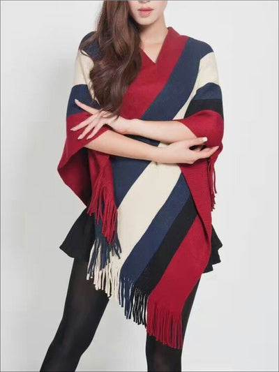 Womens Fall Striped Fringe Poncho - Red / One - Womens Fall Outerwear