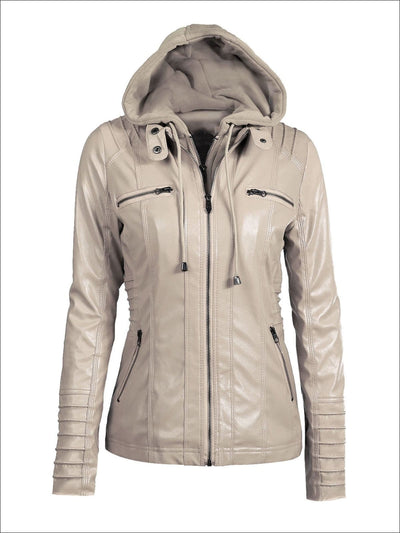 Womens Fall Synthetic Leather Hooded Moto Jacket - Beige / S - Womens Fall Outerwear
