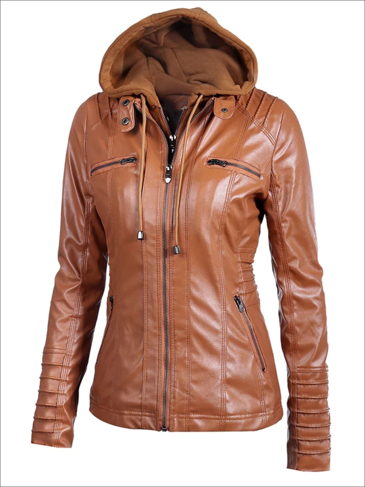 Womens Fall Synthetic Leather Hooded Moto Jacket - Brown / S - Womens Fall Outerwear