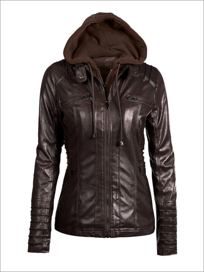 Womens Fall Synthetic Leather Hooded Moto Jacket - Dark Brown / S - Womens Fall Outerwear