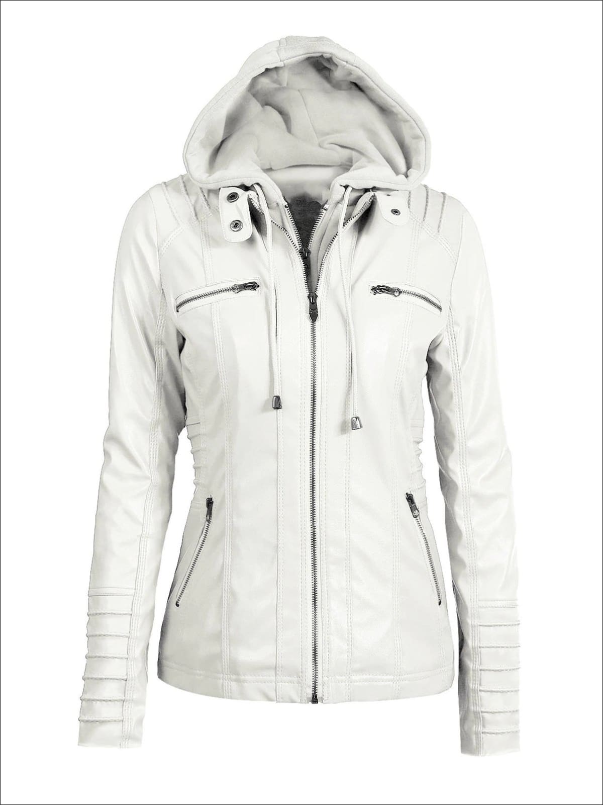 Womens Fall Synthetic Leather Hooded Moto Jacket - White / S - Womens Fall Outerwear
