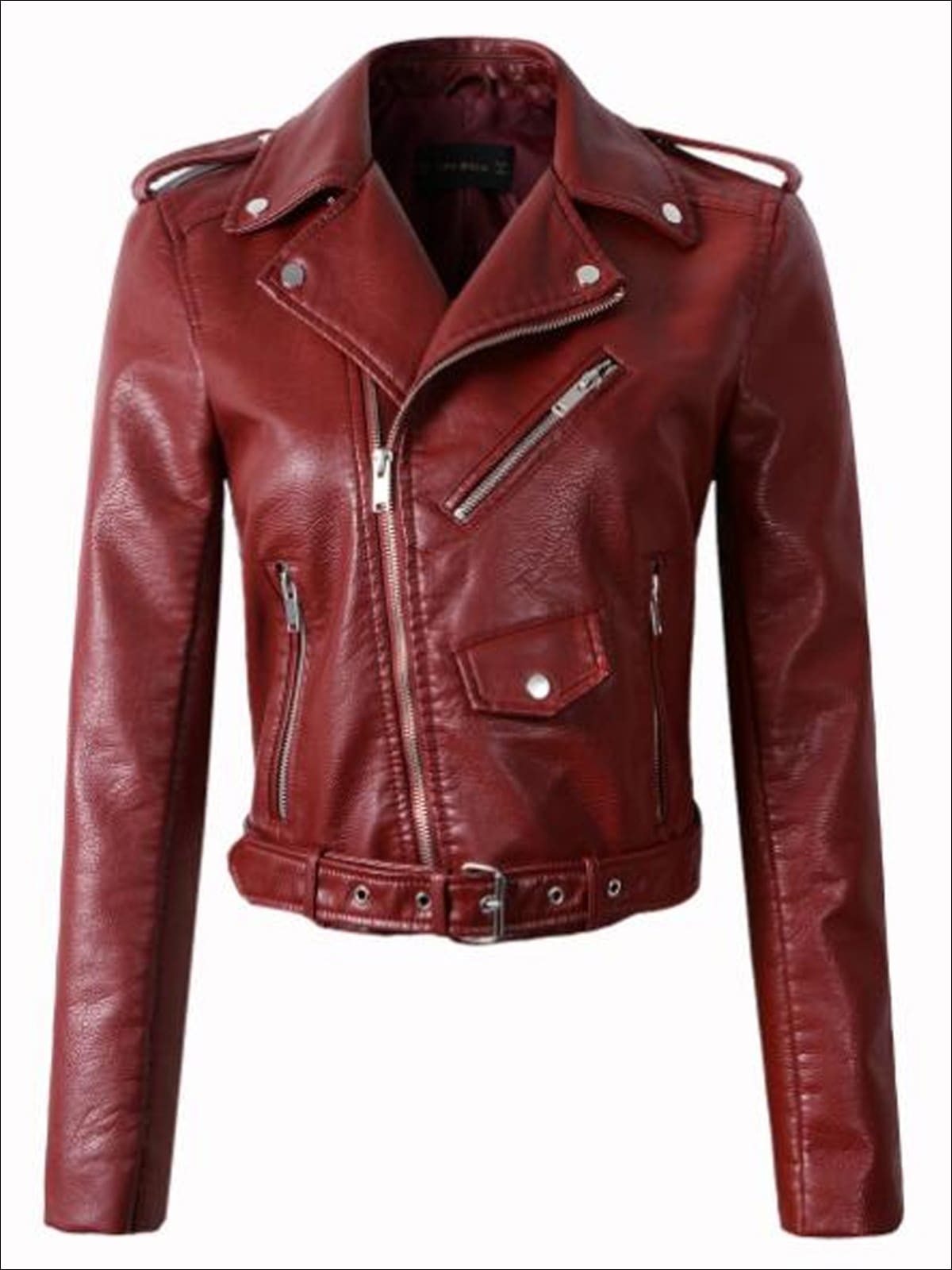 Womens Fall Synthetic Leather Moto Jacket - Burgundy / S - Womens Fall Outerwear