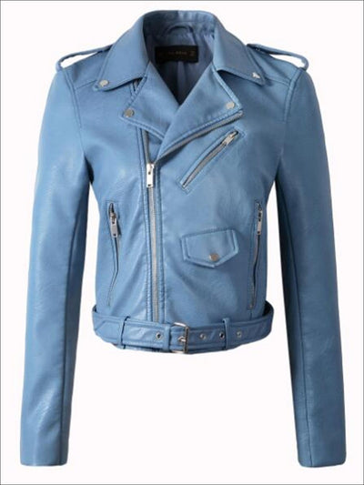 Womens Fall Synthetic Leather Moto Jacket - Dusty Blue / S - Womens Fall Outerwear
