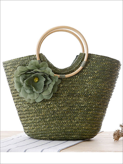 Womens Fashion Flower Embellished Bohemian Handbag - Green - Womens Accessories