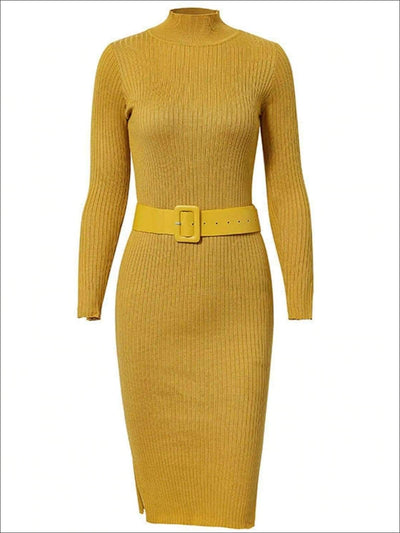 Womens Fashion Knit Bodycon Belted Sweater Dress - Yellow / One Size - Womens Fall Dresses