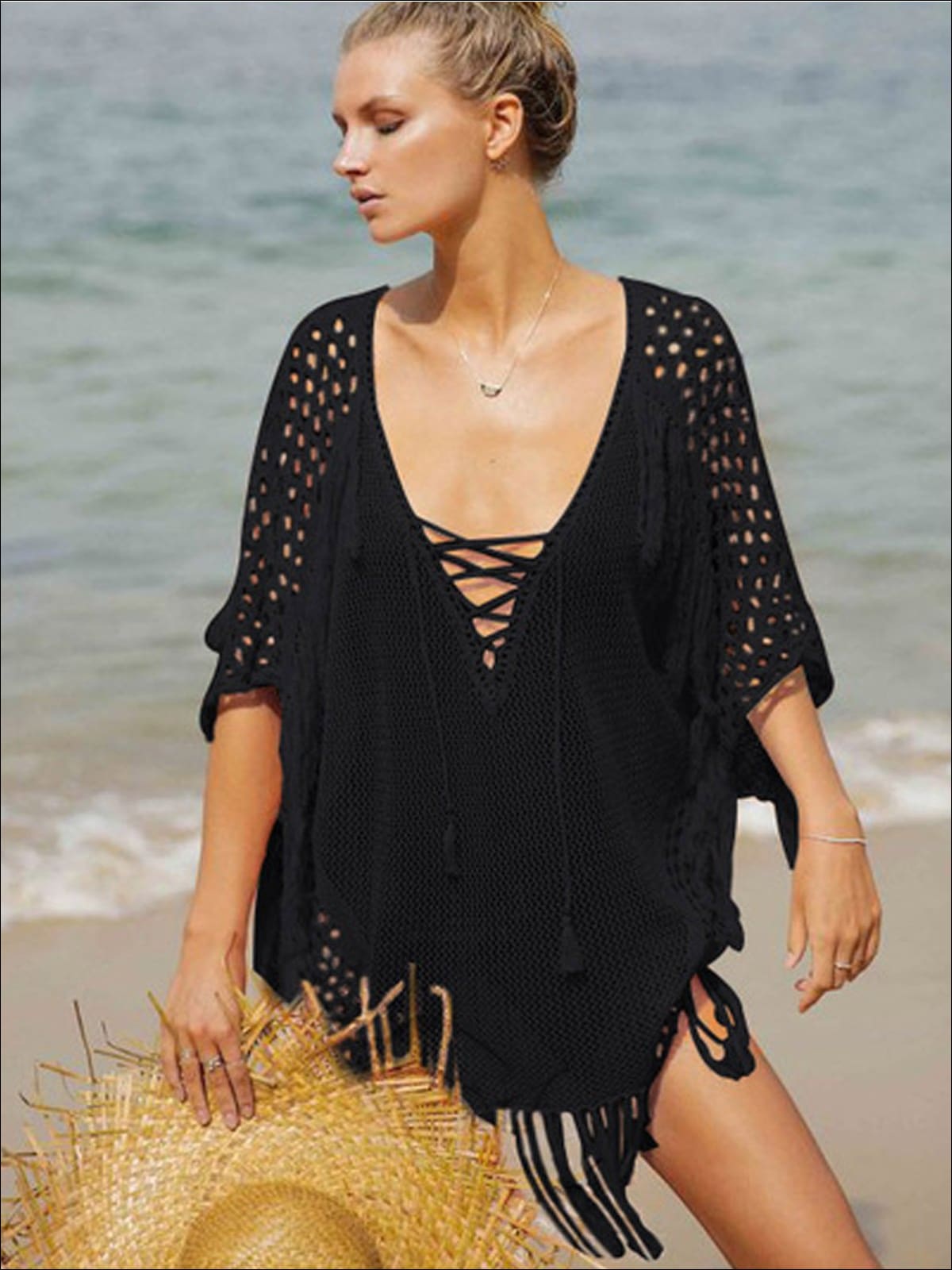 Womens Fashion Knit Lace Up Fringe Cover-Up - Black / One Size - Womens Swimsuit
