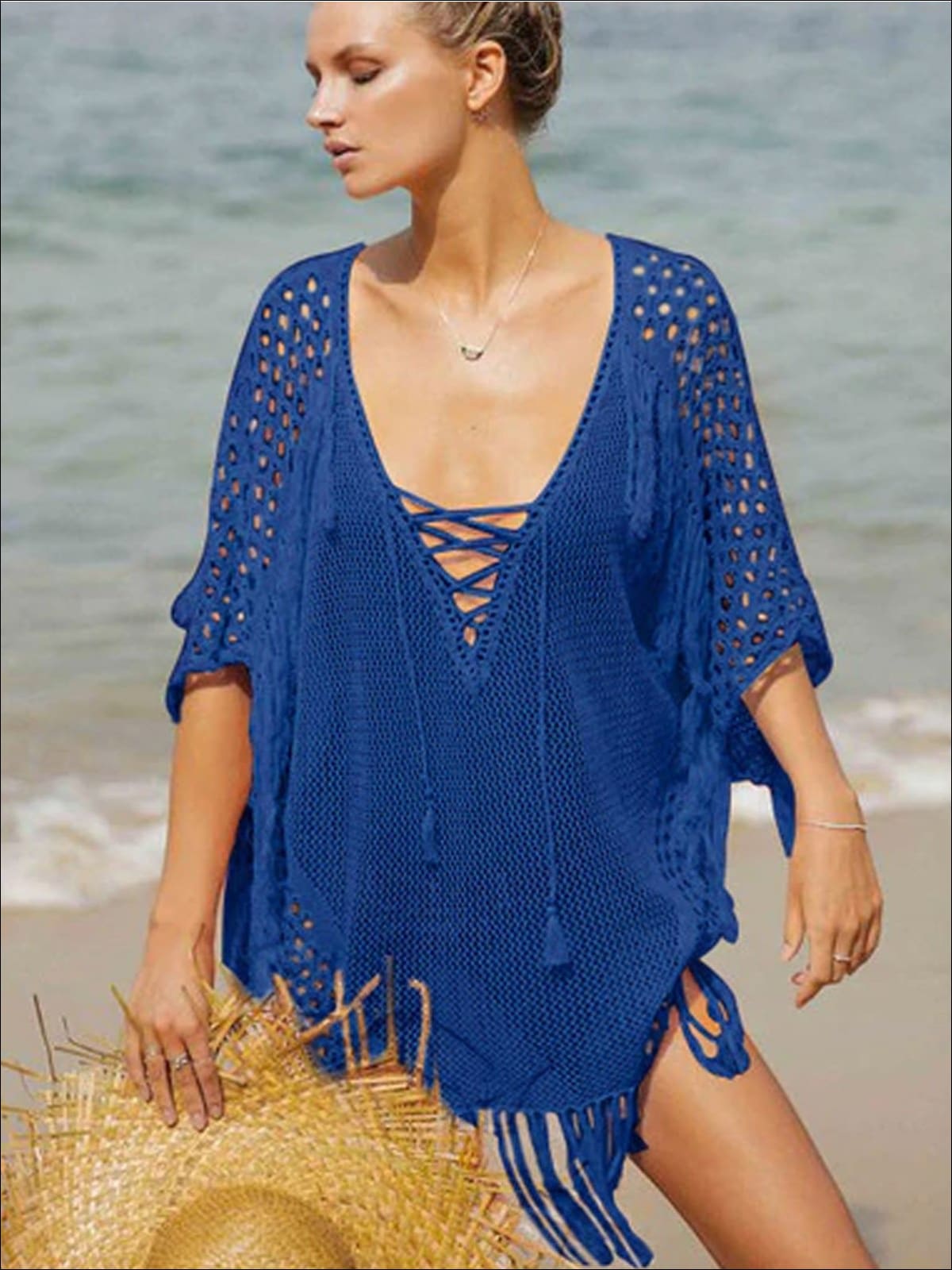 Womens Fashion Knit Lace Up Fringe Cover-Up - Blue / One Size - Womens Swimsuit