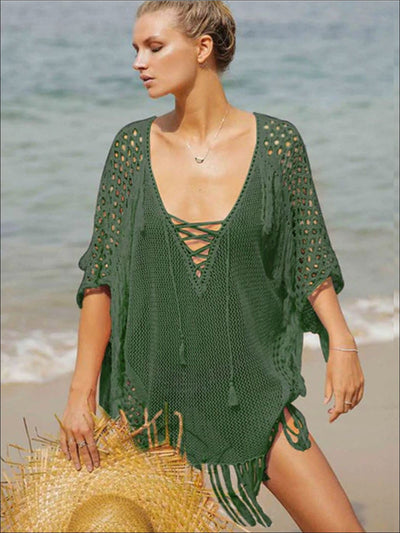 Womens Fashion Knit Lace Up Fringe Cover-Up - Green / One Size - Womens Swimsuit