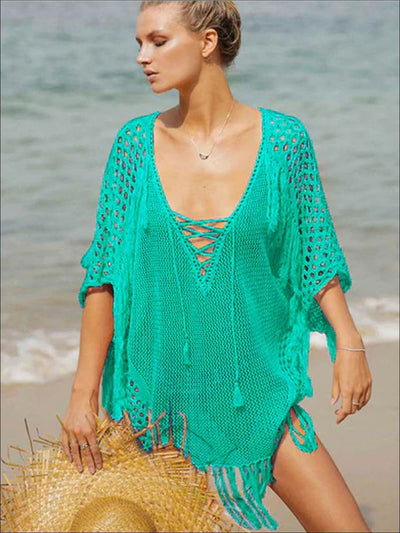 Womens Fashion Knit Lace Up Fringe Cover-Up - Mint / One Size - Womens Swimsuit