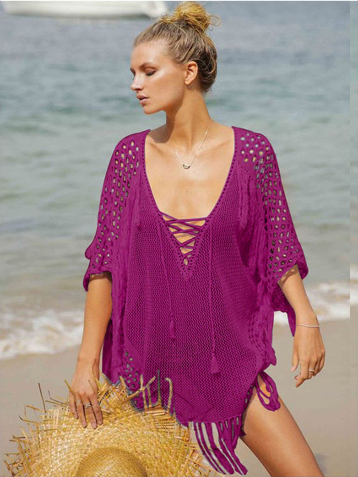 Womens Fashion Knit Lace Up Fringe Cover-Up - Purple / One Size - Womens Swimsuit