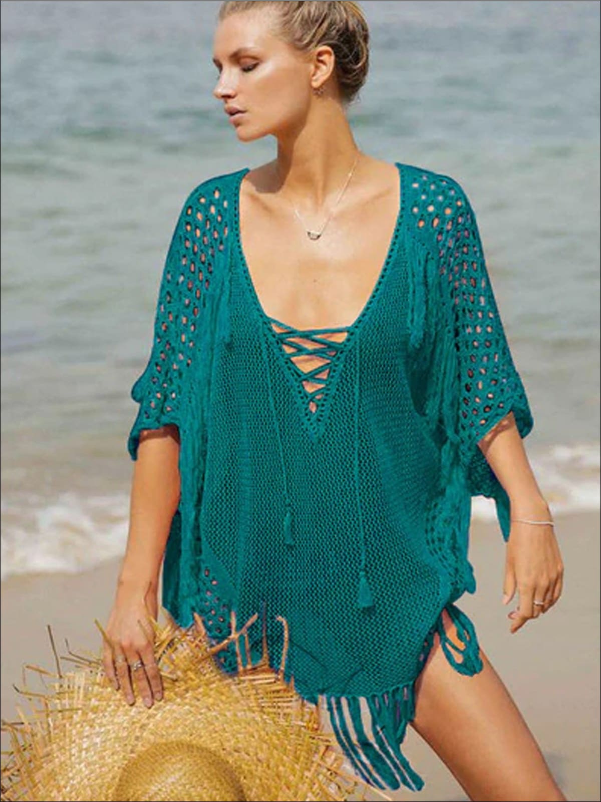 Womens Fashion Knit Lace Up Fringe Cover-Up - Sea Green / One Size - Womens Swimsuit
