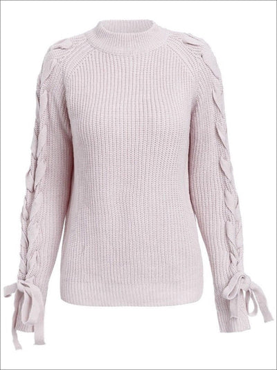 Womens Fashion Lace Up Cozy Knitted Sweater - Pink / One Size - Womens Fall Sweaters