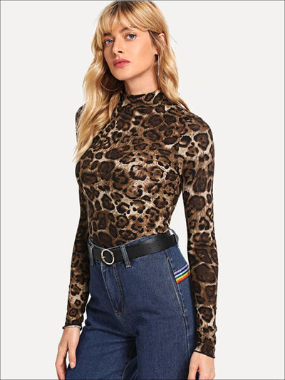 Womens Fashion Leopard Print Long Sleeve Blouse - Womens Tops