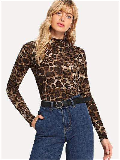 Womens Fashion Leopard Print Long Sleeve Blouse - Brown / XS - Womens Tops