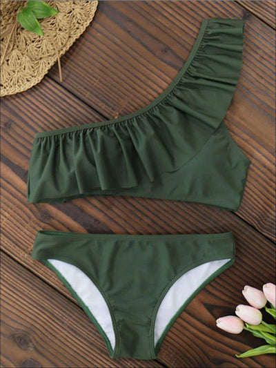Womens Fashion One Shoulder Ruffle Chic Two Piece Swimsuit - Green / S - Womens Swimsuit
