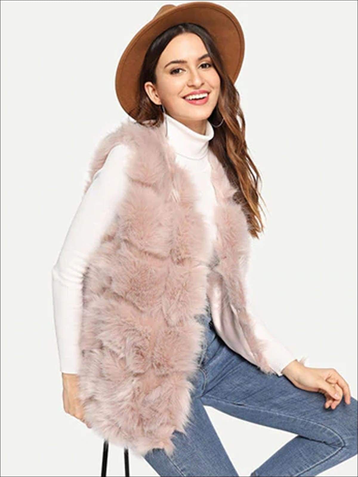 Womens Fashion Open Front Deluxe Faux Fur Vest - Pink / S/M - Womens Fall Outerwear